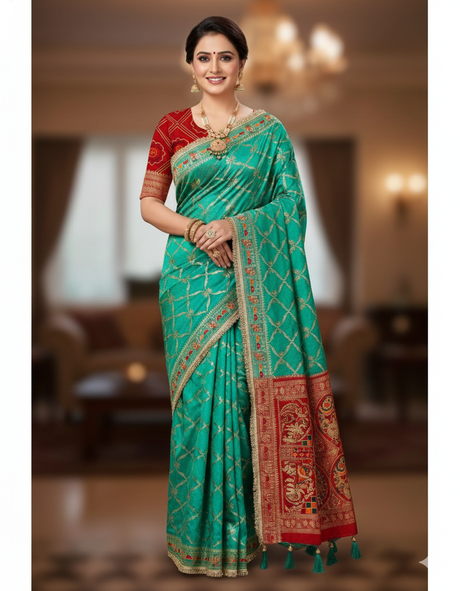 Rama Green Pure Jacquard Soft Silk Traditional Bandhani Saree Panetar Saree Anant Tex Exports Pvt.Ltd..