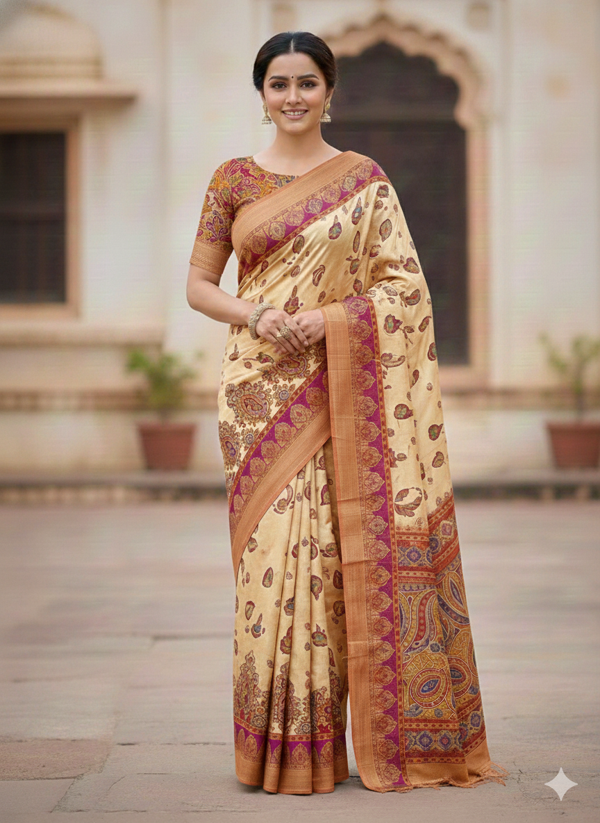 White Soft Viscose Silk Meenakari Traditional Weeding Saree Tussar Saree Anant Tex Exports Pvt.Ltd..