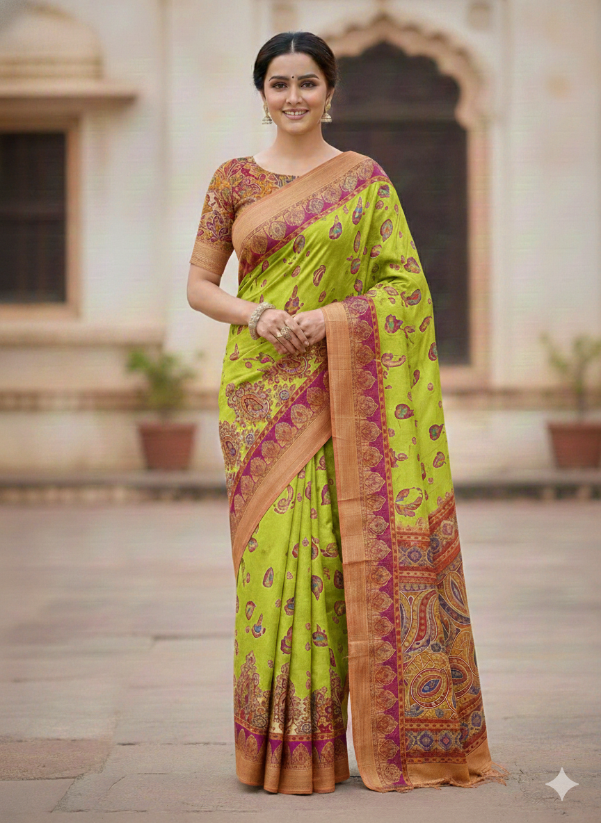 Green Soft Viscose Silk Meenakari Traditional Weeding Saree Tussar Saree Anant Tex Exports Pvt.Ltd..