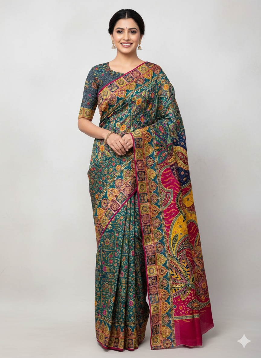 Teal Green Soft Viscose Silk Meenakari Traditional Weeding Saree Tussar Saree Anant Tex Exports Pvt.Ltd..