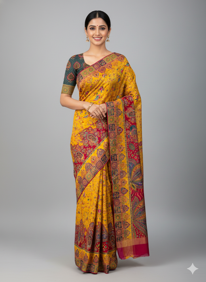 Yellow Soft Viscose Silk Meenakari Traditional Weeding Saree Tussar Saree Anant Tex Exports Pvt.Ltd..