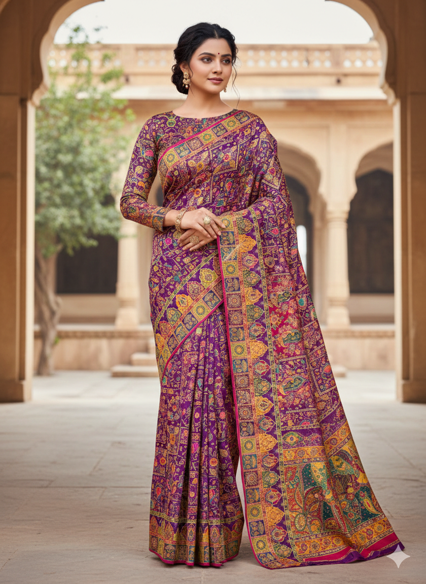 Purple Soft Viscose Silk Meenakari Traditional Weeding Saree Tussar Saree Anant Tex Exports Pvt.Ltd..