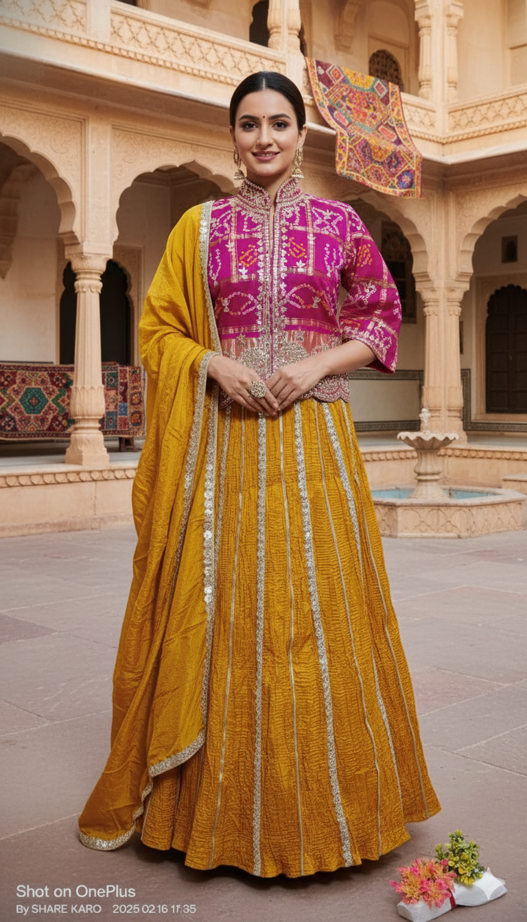 Yellow &amp; Pink Pure Upada Crush Gajji Silk Gharchola Rajsthani Lehenga Choli