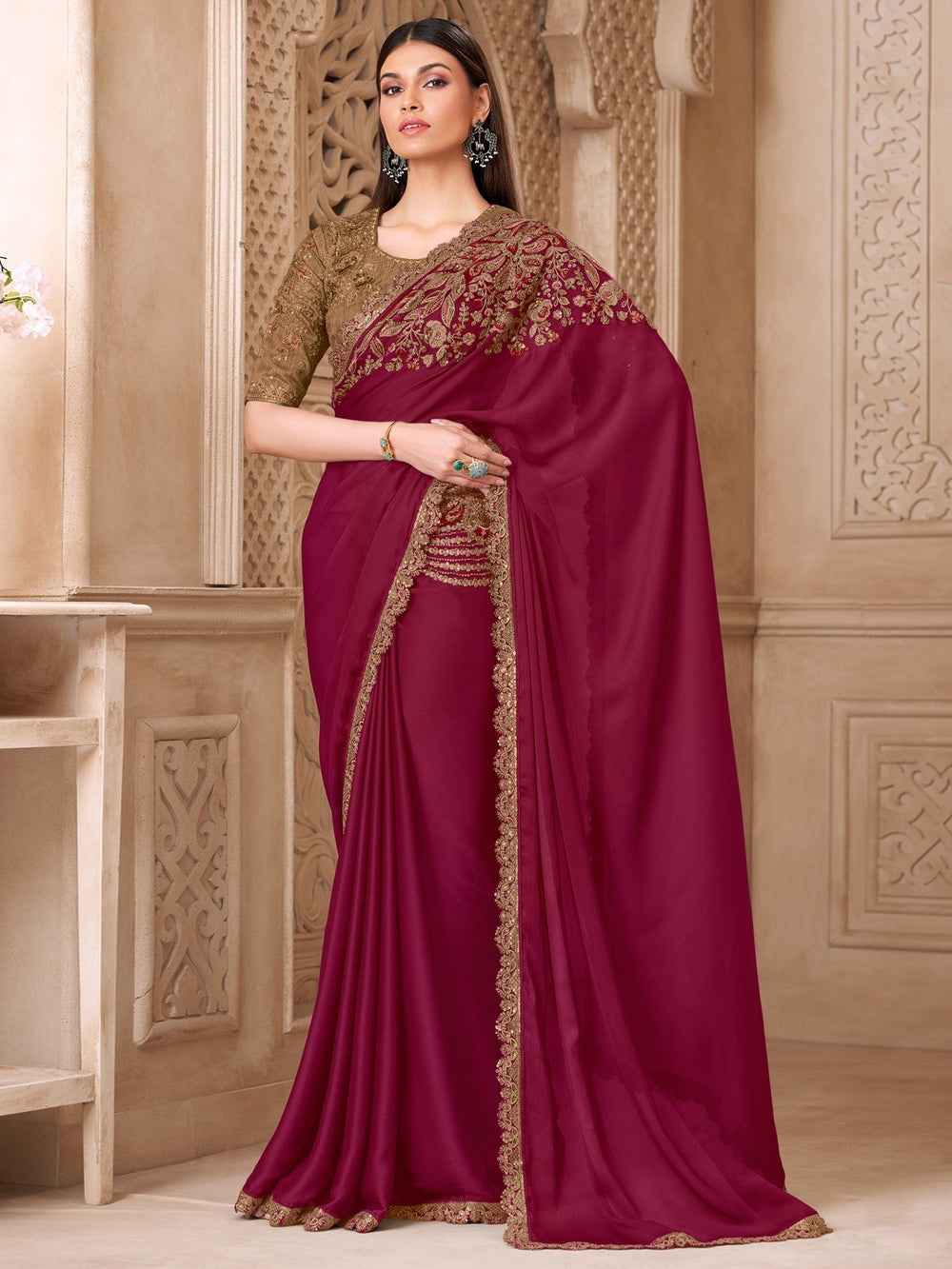Magenta Pure Soft Satin Elegant Embroidered Work Satin Saree 