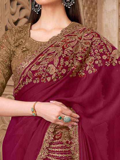 Magenta Pure Soft Satin Elegant Embroidered Work Satin Saree 