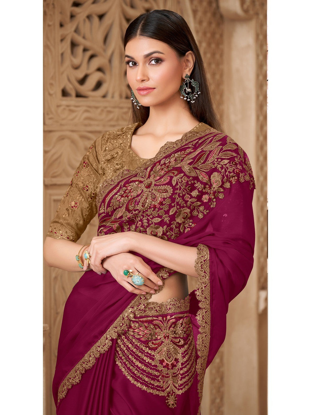 Magenta Pure Soft Satin Elegant Embroidered Work Satin Saree 