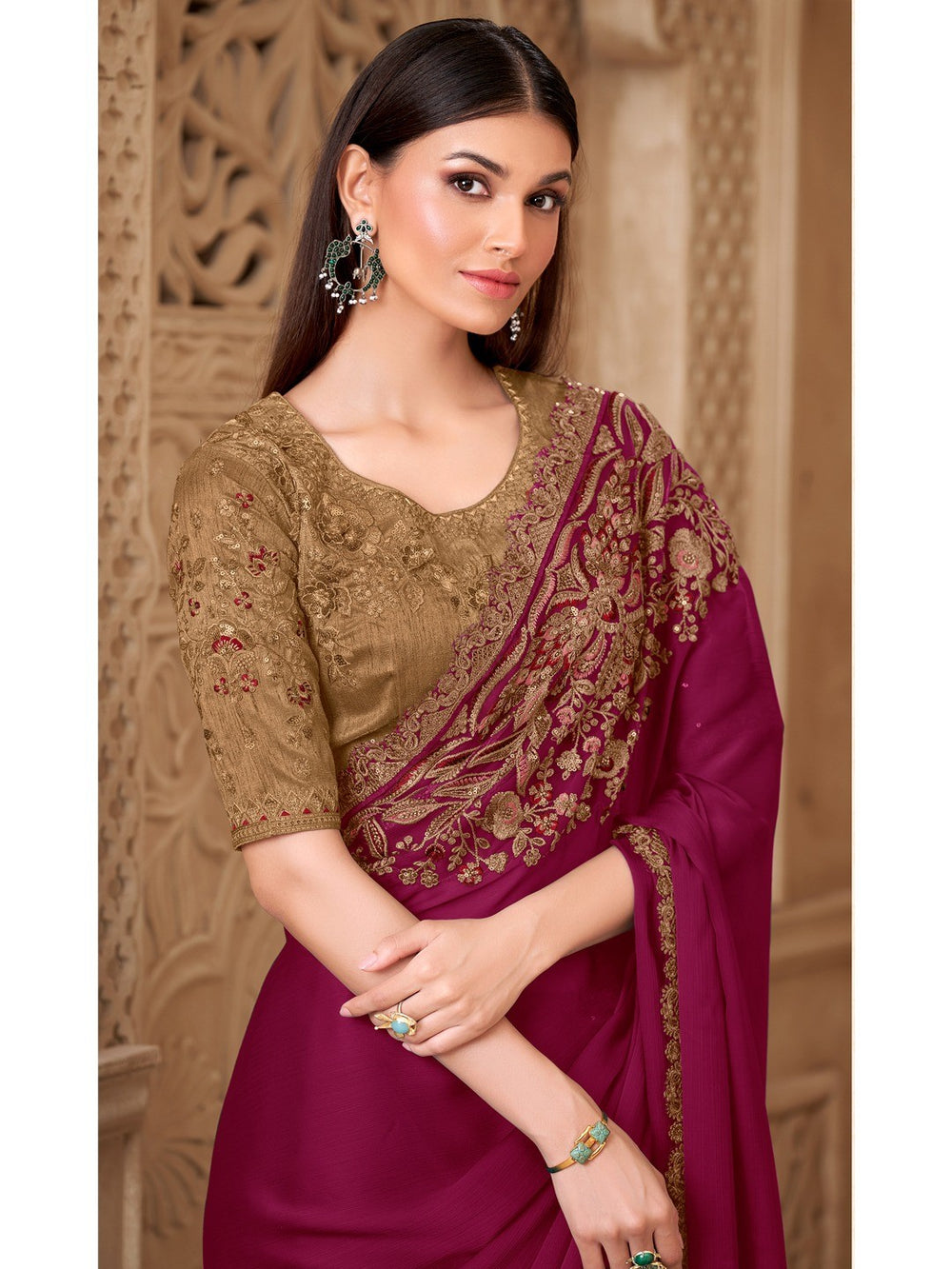 Magenta Pure Soft Satin Elegant Embroidered Work Satin Saree ##color## Japan Satin Saree with premium fabric and embroidery