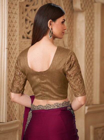 Magenta Pure Soft Satin Elegant Embroidered Work Satin Saree 