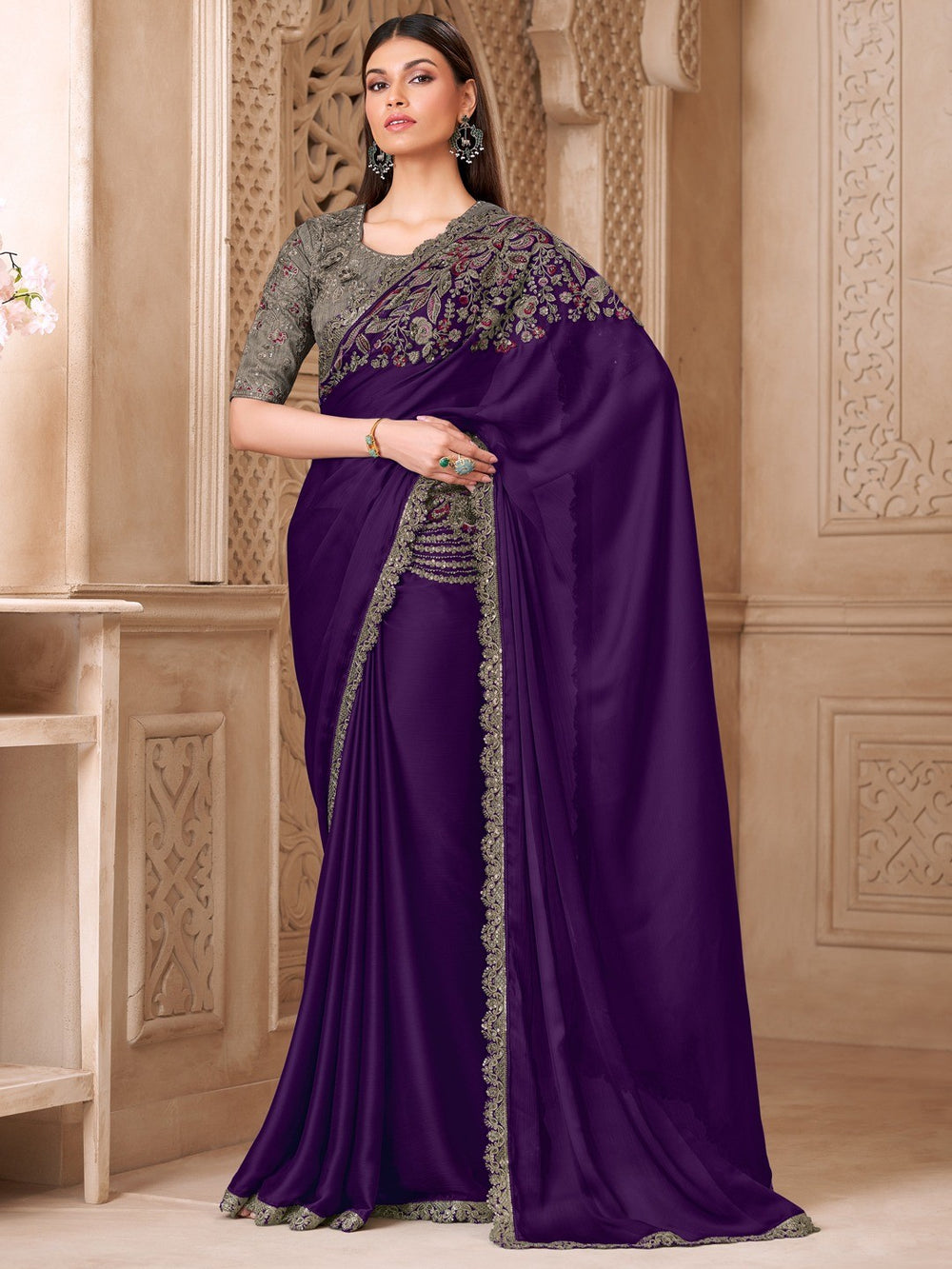 Purple Pure Soft Satin Elegant Embroidered Work Satin Saree ##color## Japan Satin Saree with premium fabric and embroidery