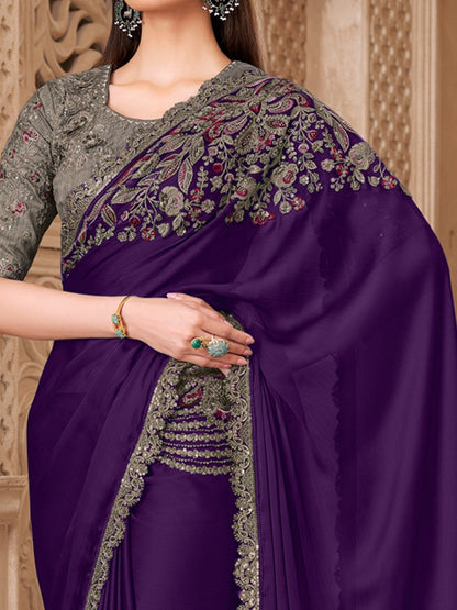 Purple Pure Soft Satin Elegant Embroidered Work Satin Saree 