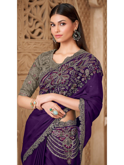 Purple Pure Soft Satin Elegant Embroidered Work Satin Saree 