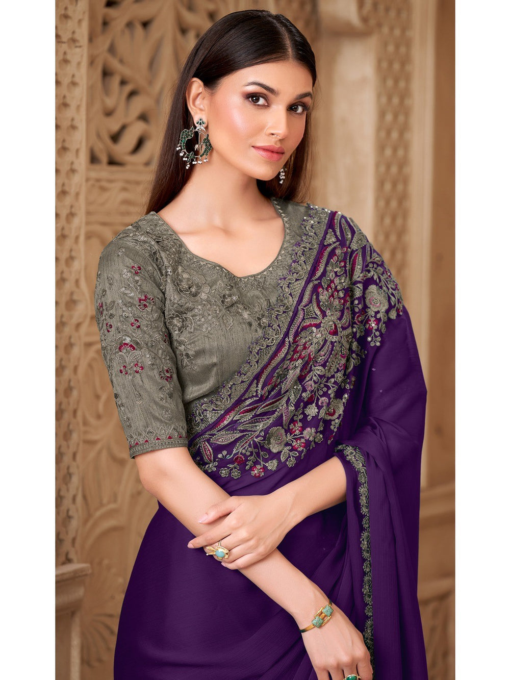 Purple Pure Soft Satin Elegant Embroidered Work Satin Saree 