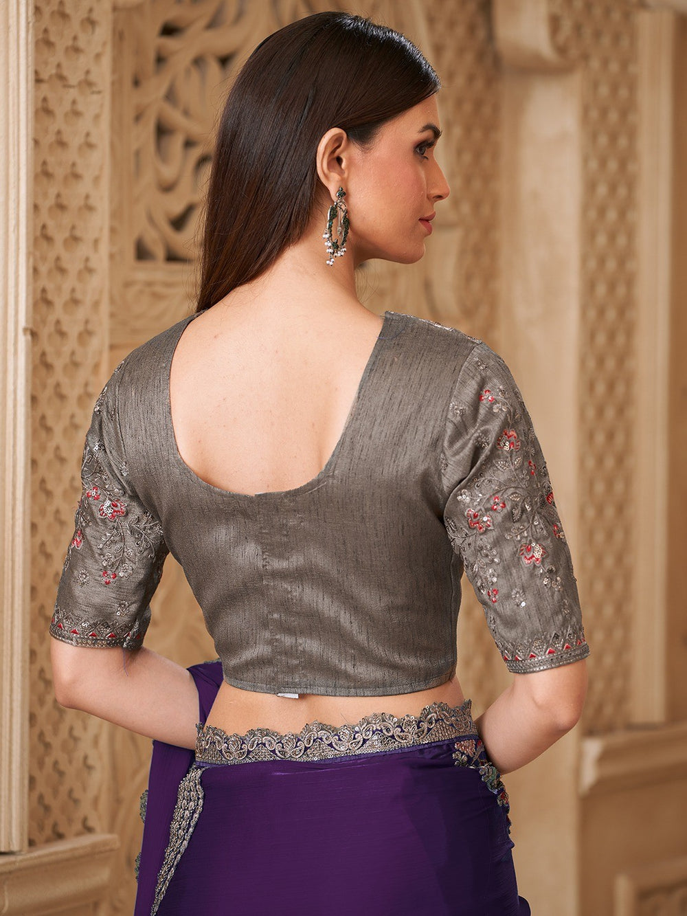 Purple Pure Soft Satin Elegant Embroidered Work Satin Saree 