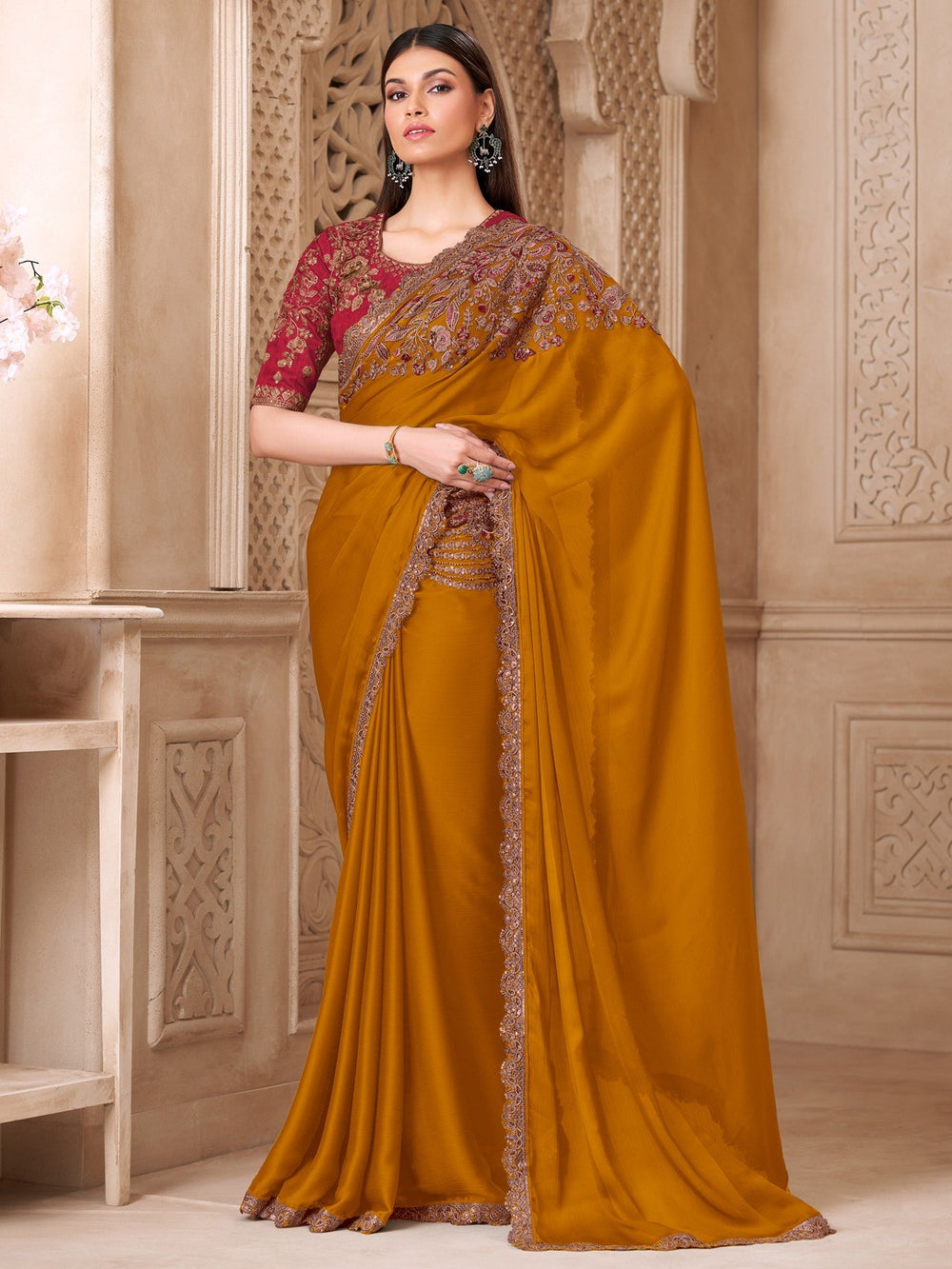Mustard Pure Soft Satin Elegant Embroidered Work Satin Saree 