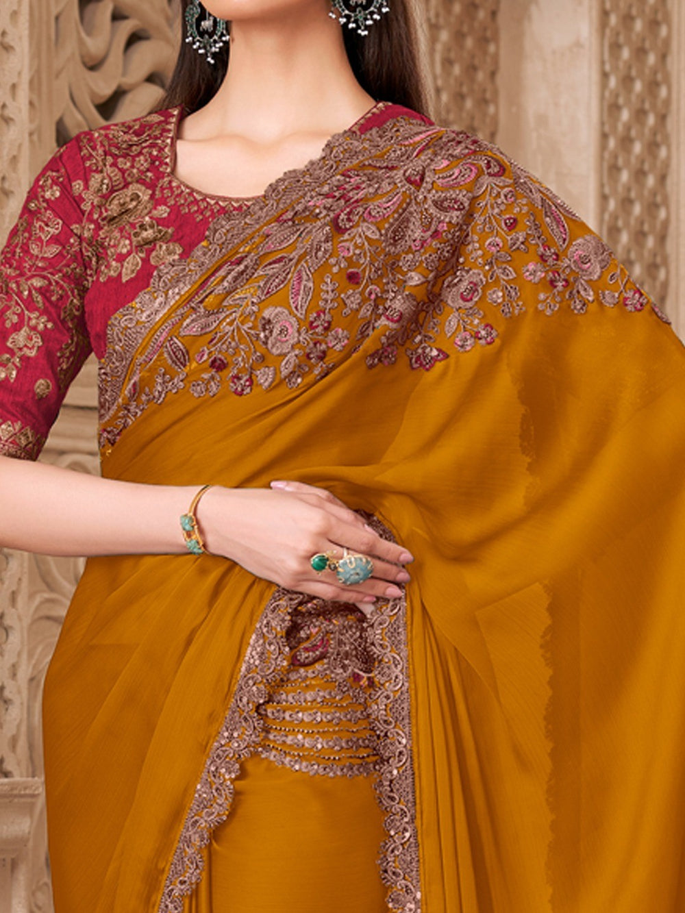 Mustard Pure Soft Satin Elegant Embroidered Work Satin Saree 
