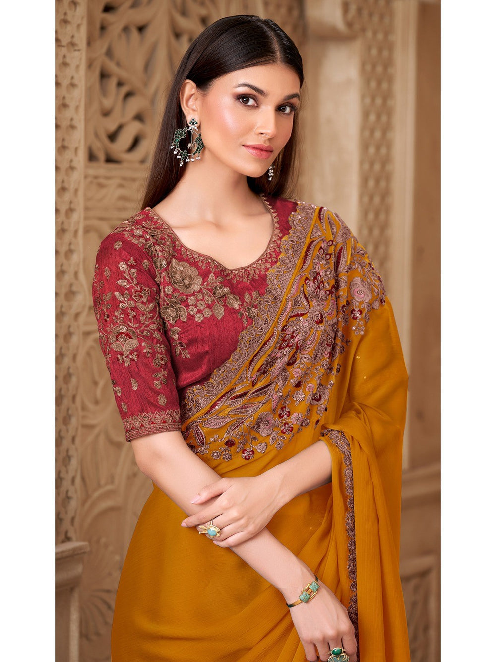 Mustard Pure Soft Satin Elegant Embroidered Work Satin Saree 