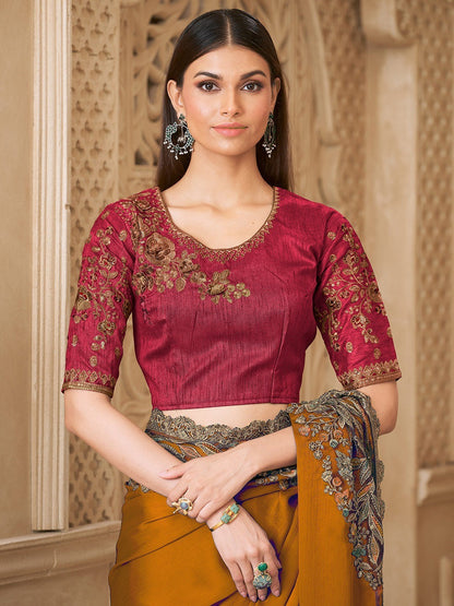 Mustard Pure Soft Satin Elegant Embroidered Work Satin Saree 