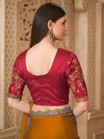 Mustard Pure Soft Satin Elegant Embroidered Work Satin Saree 