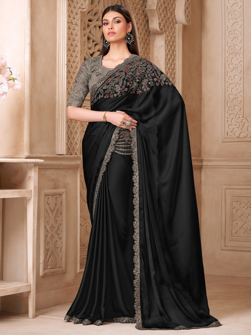 Black Pure Soft Satin Elegant Embroidered Work Satin Saree 