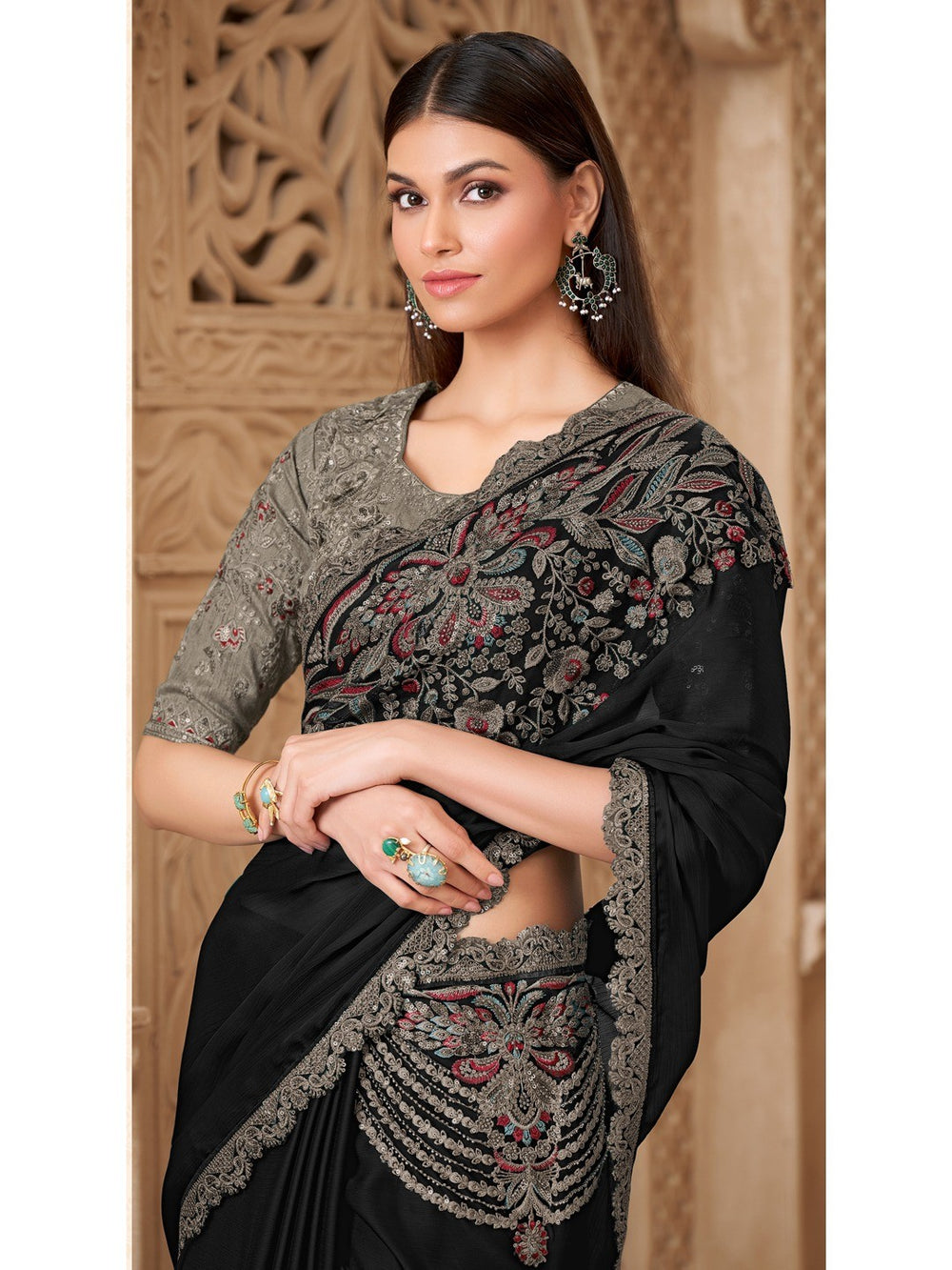 Black Pure Soft Satin Elegant Embroidered Work Satin Saree 