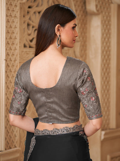 Black Pure Soft Satin Elegant Embroidered Work Satin Saree 