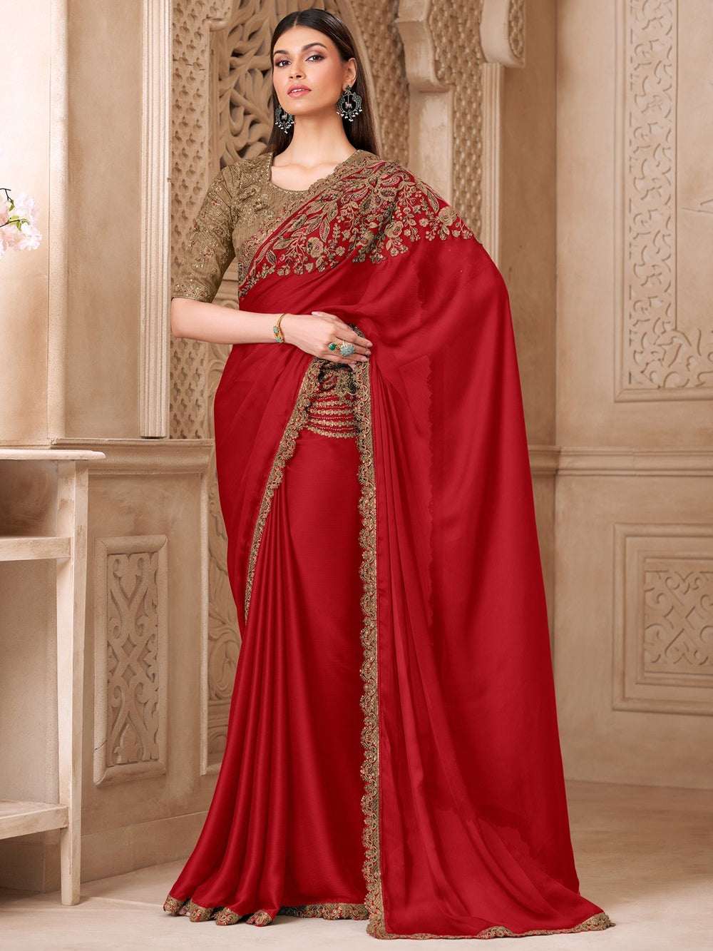 Red Pure Soft Satin Elegant Embroidered Work Satin Saree 