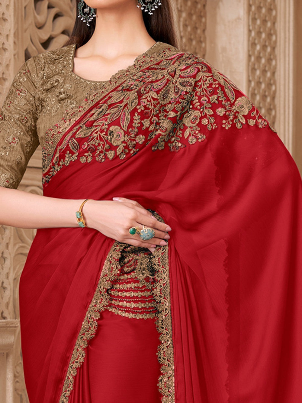 Red Pure Soft Satin Elegant Embroidered Work Satin Saree 