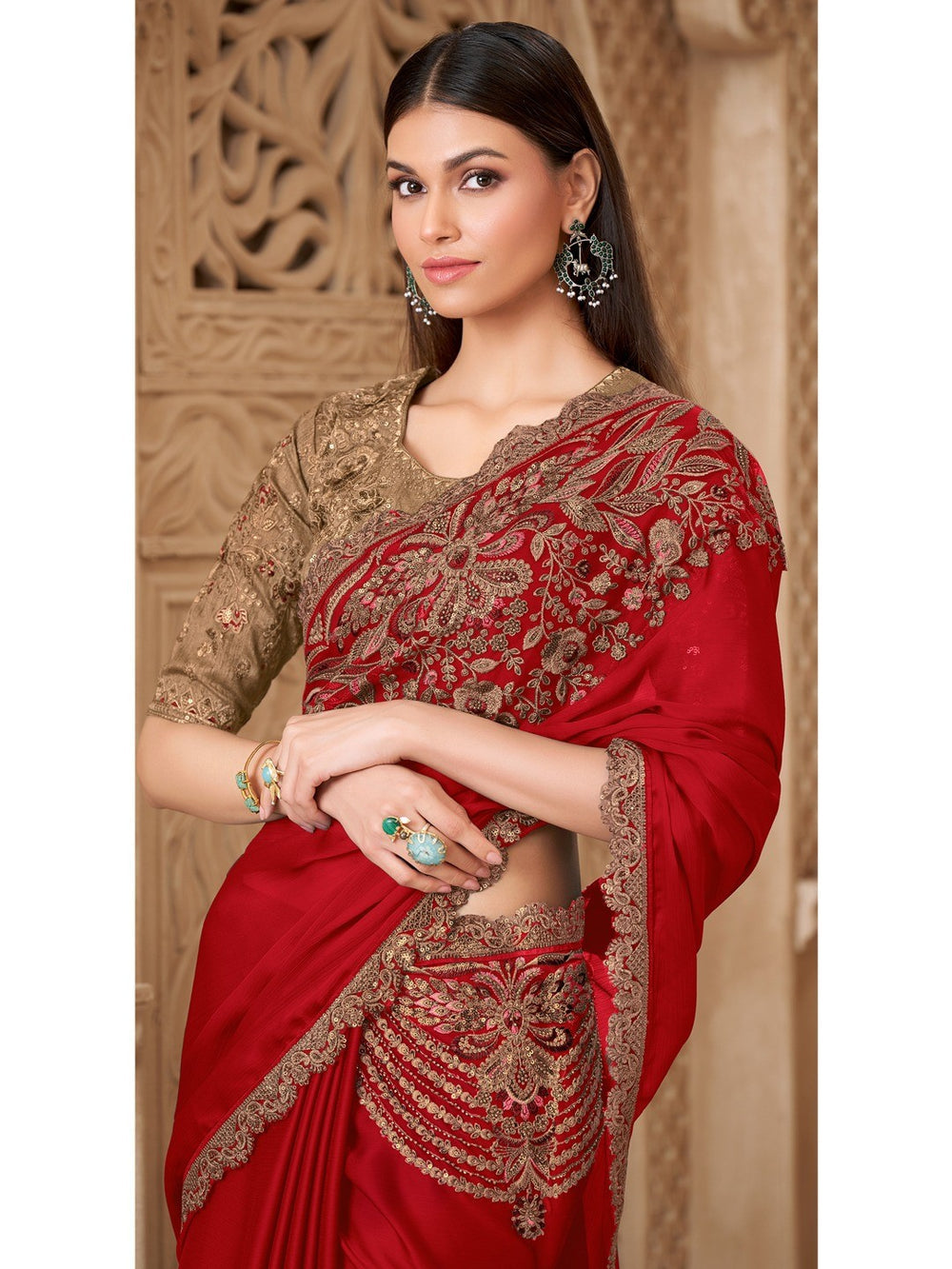 Red Pure Soft Satin Elegant Embroidered Work Satin Saree 