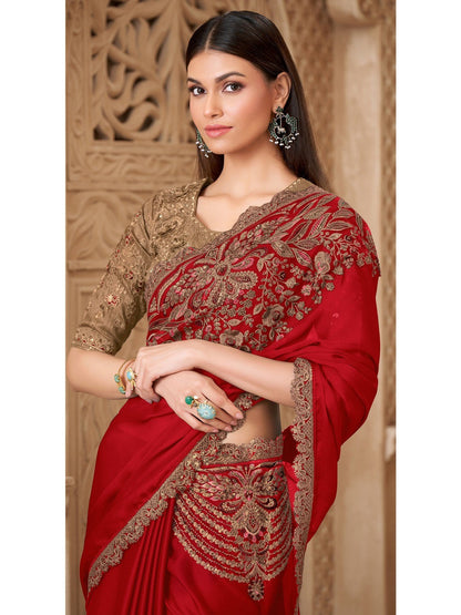 Red Pure Soft Satin Elegant Embroidered Work Satin Saree 