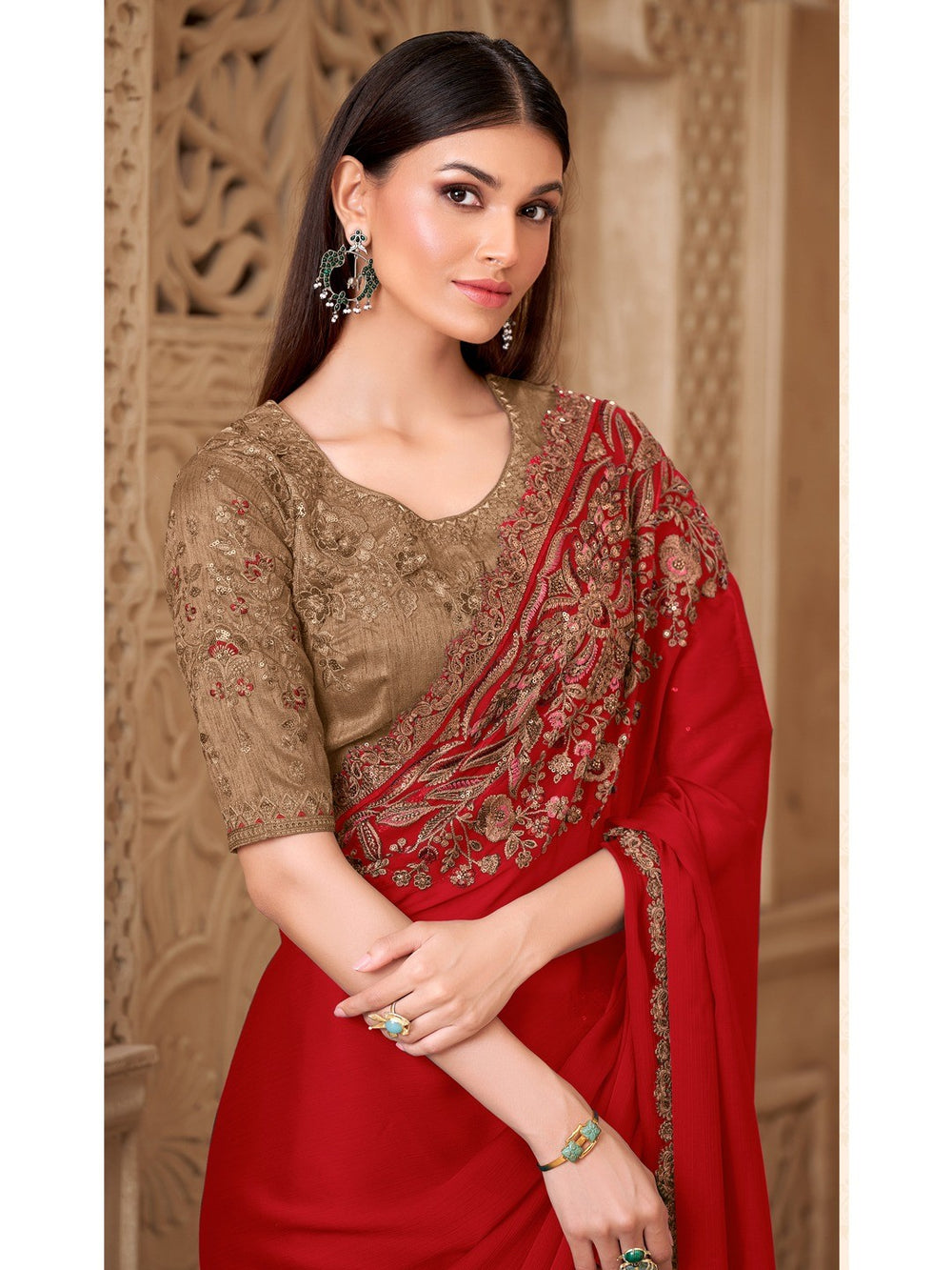Red Pure Soft Satin Elegant Embroidered Work Satin Saree 