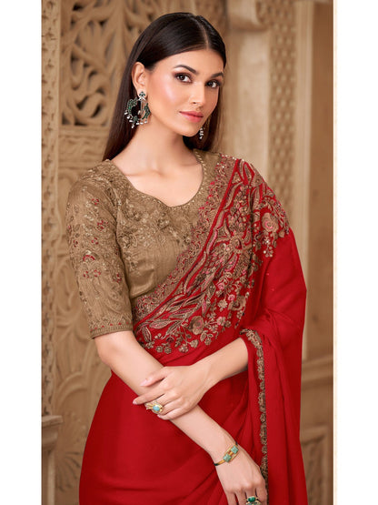 Red Pure Soft Satin Elegant Embroidered Work Satin Saree 