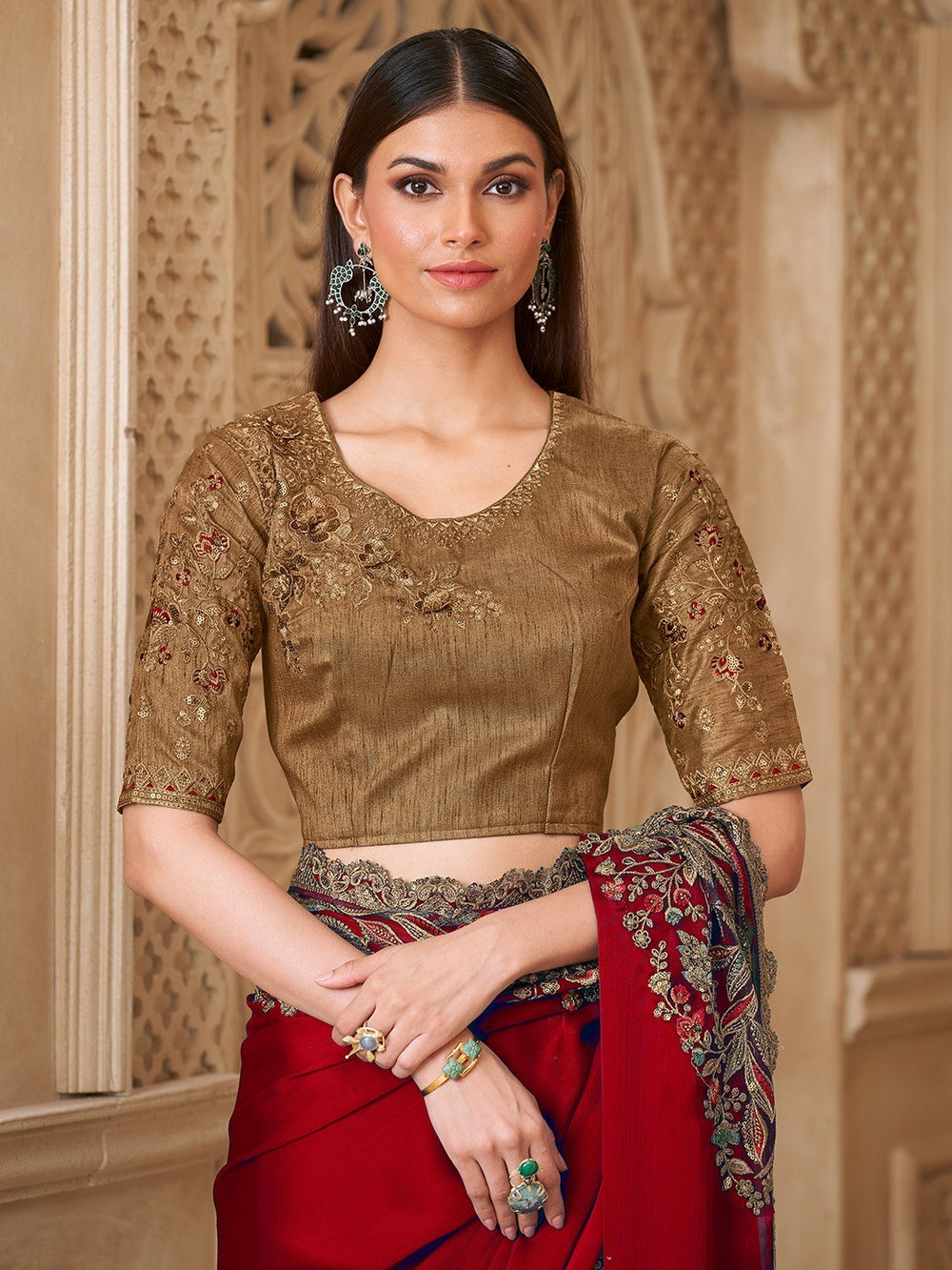 Red Pure Soft Satin Elegant Embroidered Work Satin Saree 