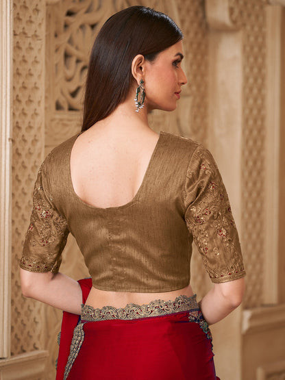 Red Pure Soft Satin Elegant Embroidered Work Satin Saree 