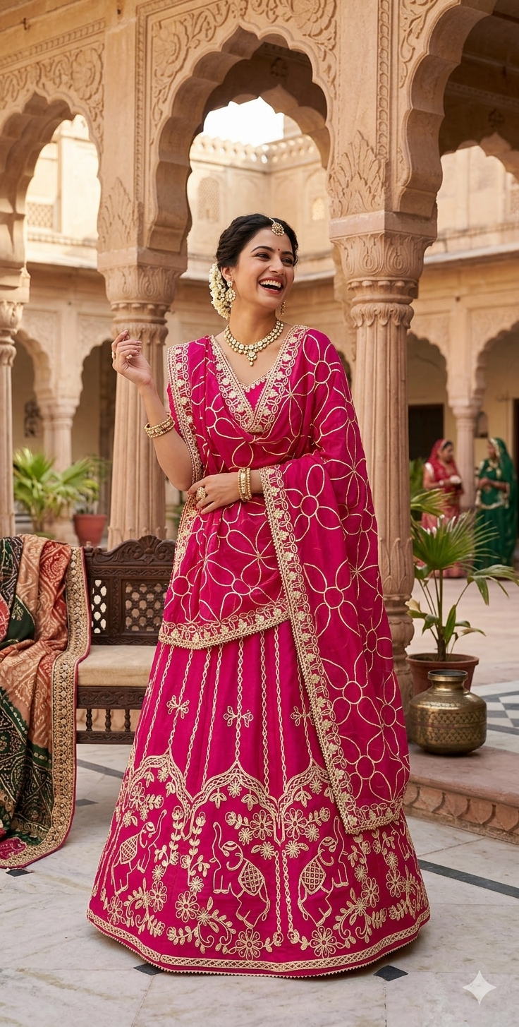 Pink Pure Upada Silk Rajsthani Rajputi Lehenga Choli 