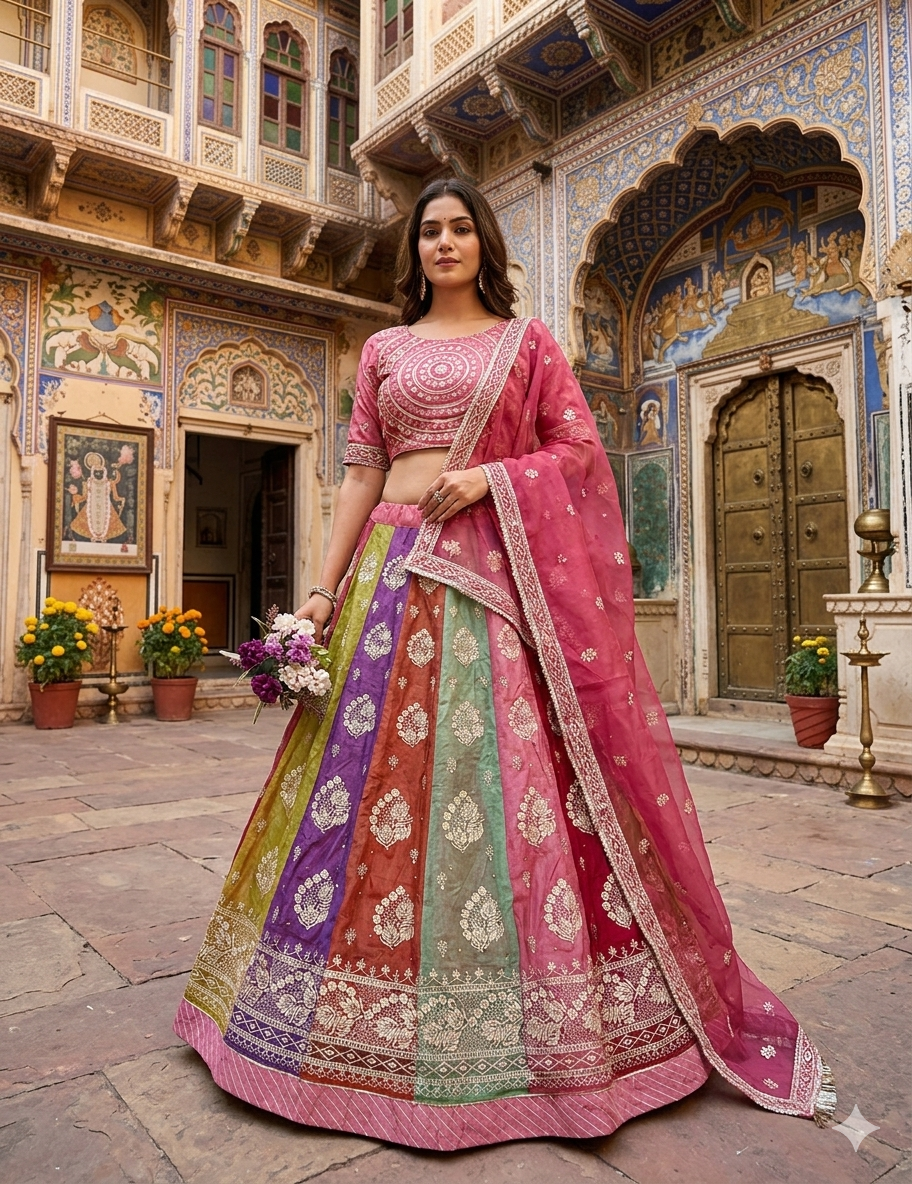 Pink Pure Heavy Multi Kali Gold Crush Rajasthani Chaniya Choli 
