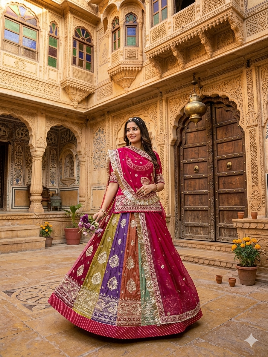 Red Pure Heavy Multi Kali Gold Crush Rajasthani Chaniya Choli 