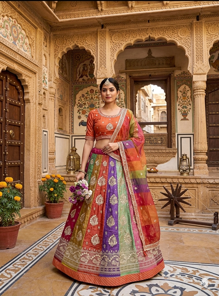 Orange Pure Heavy Multi Kali Gold Crush Rajasthani Chaniya Choli 
