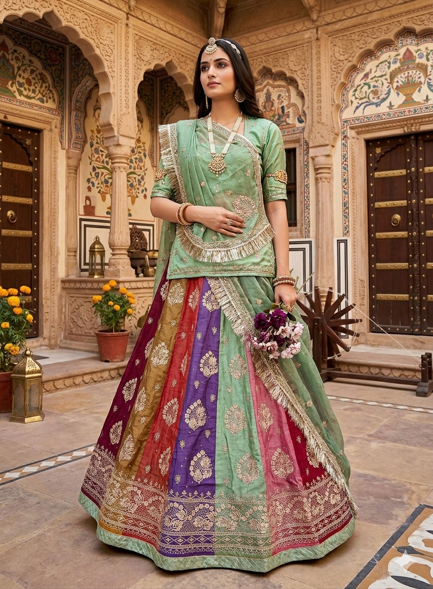 Light Green Pure Heavy Multi Kali Gold Crush Rajasthani Chaniya Choli 