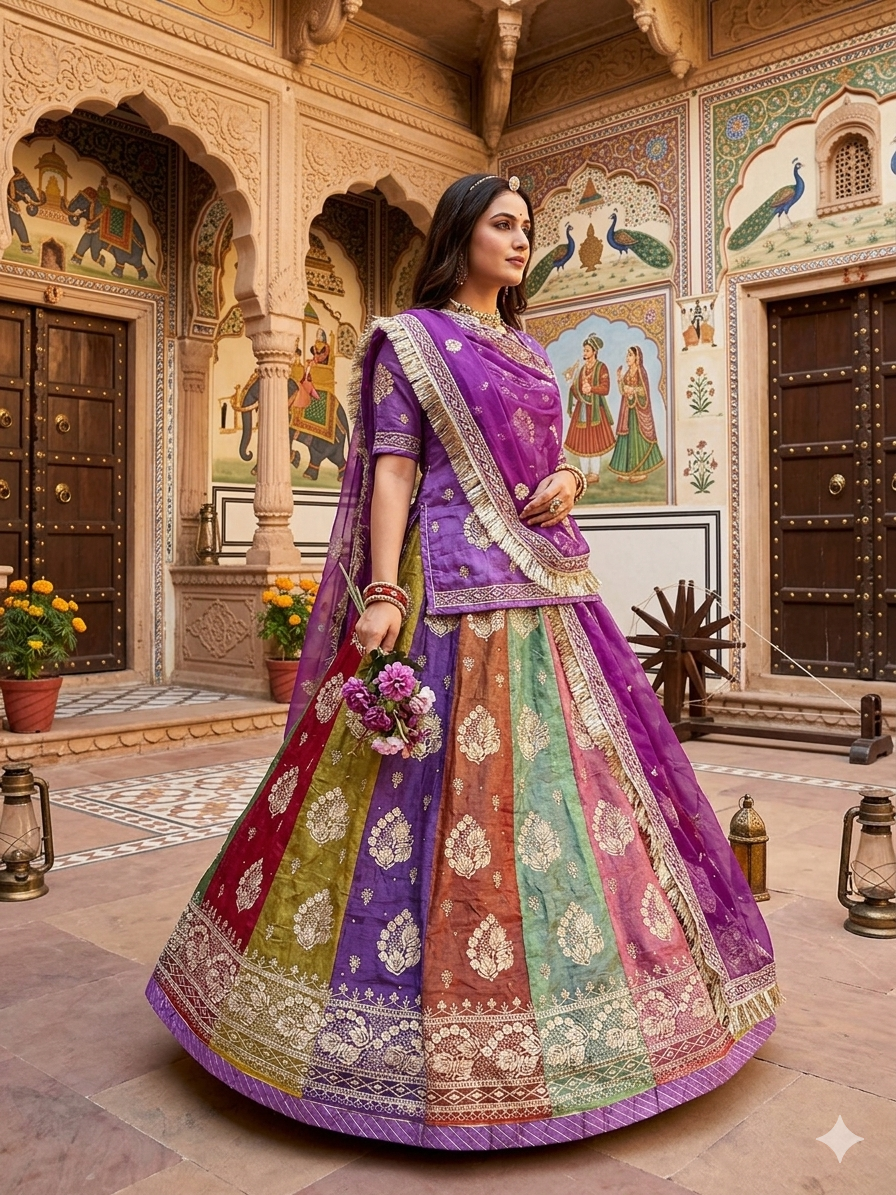 Purple Pure Heavy Multi Kali Gold Crush Rajasthani Chaniya Choli 