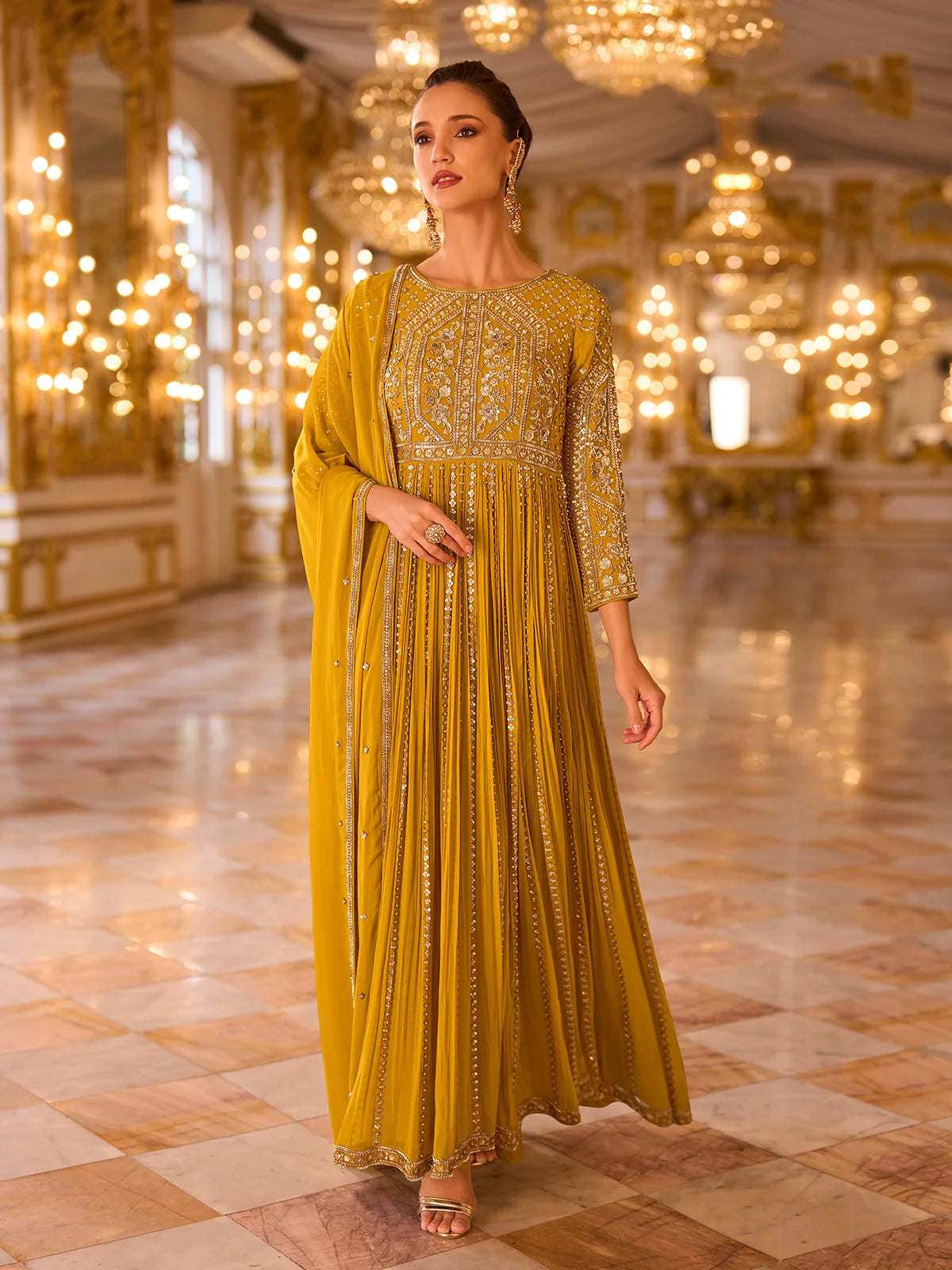 Mustard Heavy Embroidered Georgette Anarkali Gown with Dupatta