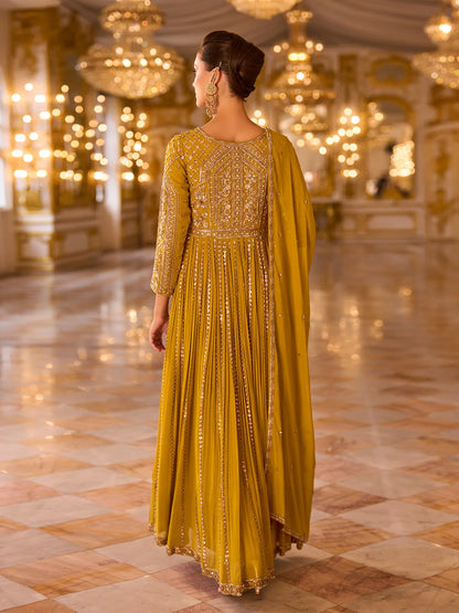 Mustard Heavy Embroidered Georgette Anarkali Gown with Dupatta
