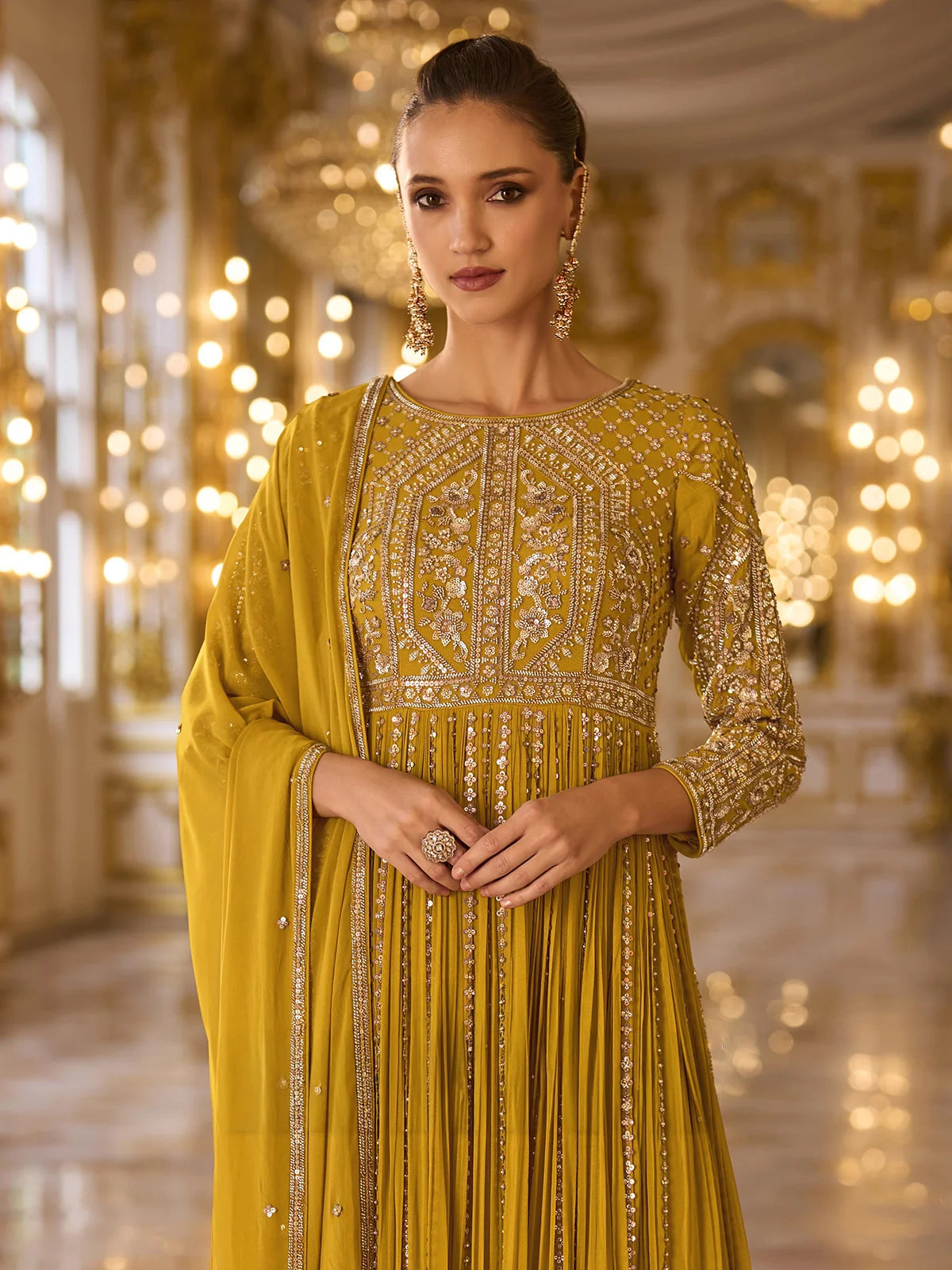 Mustard Heavy Embroidered Georgette Anarkali Gown with Dupatta