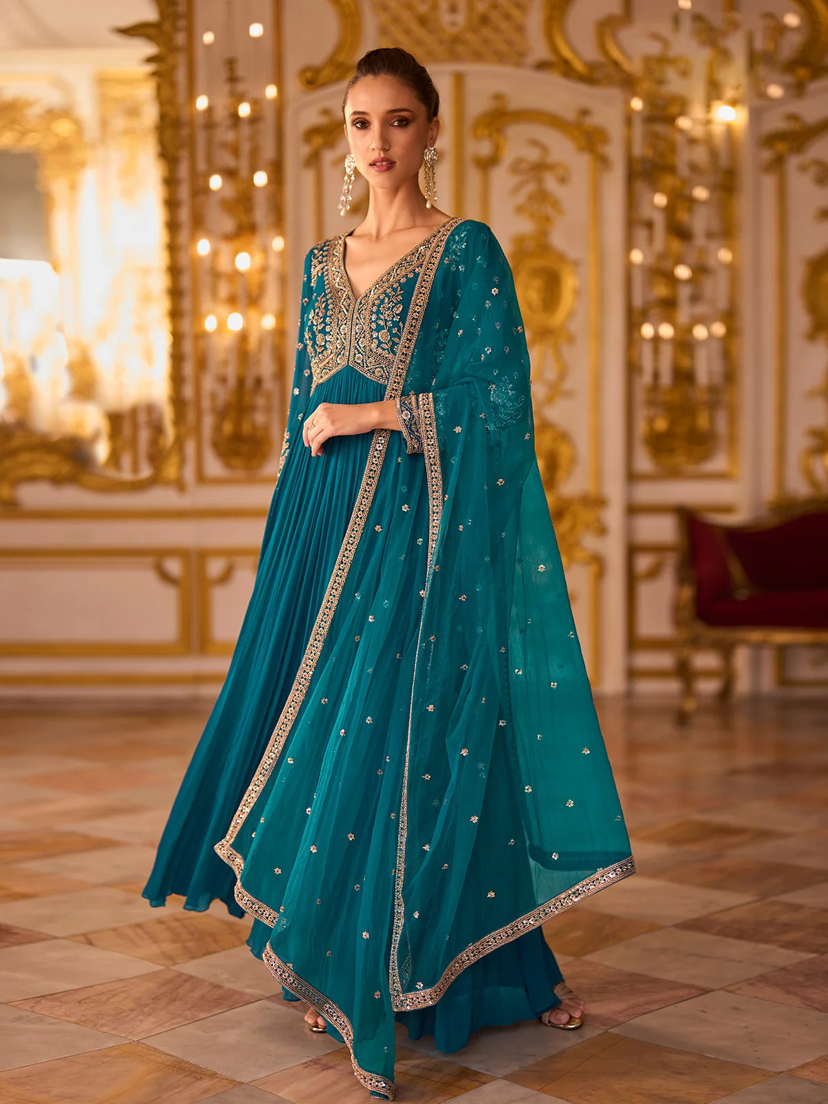 Teal Blue Heavy Embroidered Georgette Anarkali Gown with Dupatta