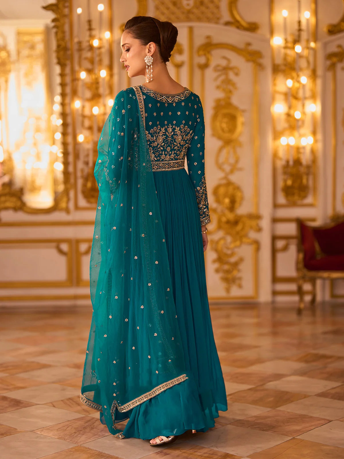 Teal Blue Heavy Embroidered Georgette Anarkali Gown with Dupatta