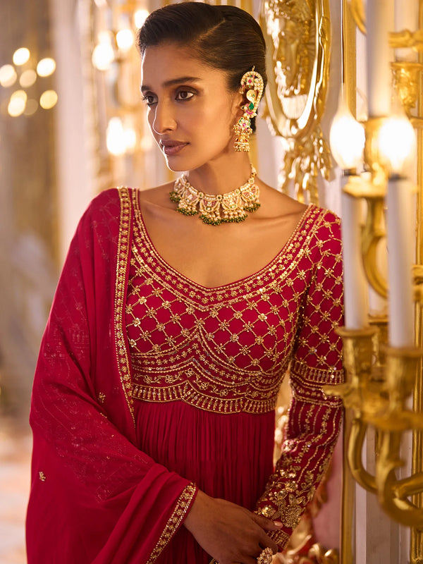 Majestic Pink Heavy Embroidered Georgette Anarkali Gown with Dupatta