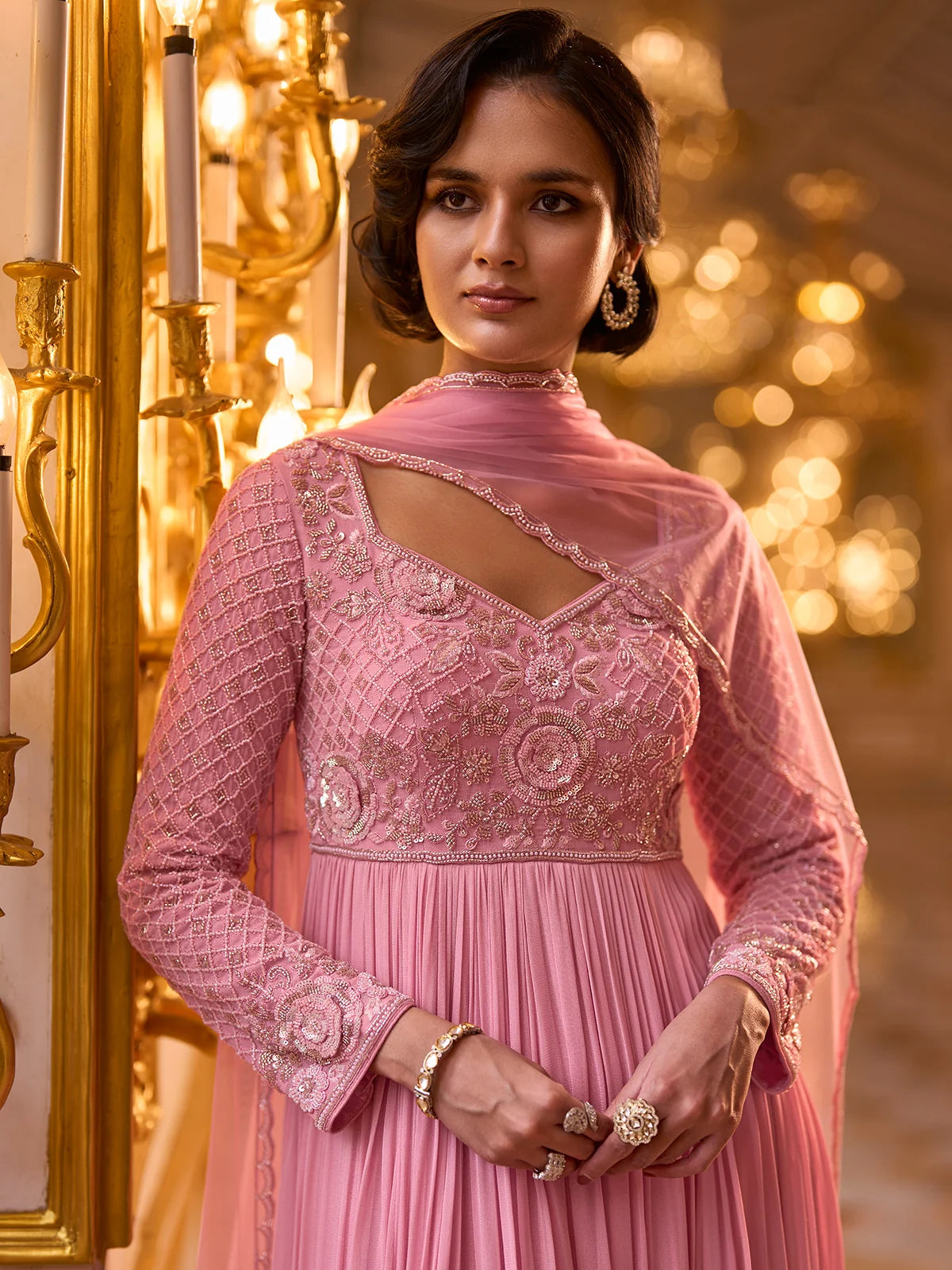 Light Pink Heavy Embroidered Georgette Anarkali Gown with Dupatta