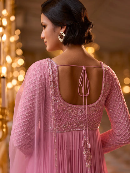 Light Pink Heavy Embroidered Georgette Anarkali Gown with Dupatta