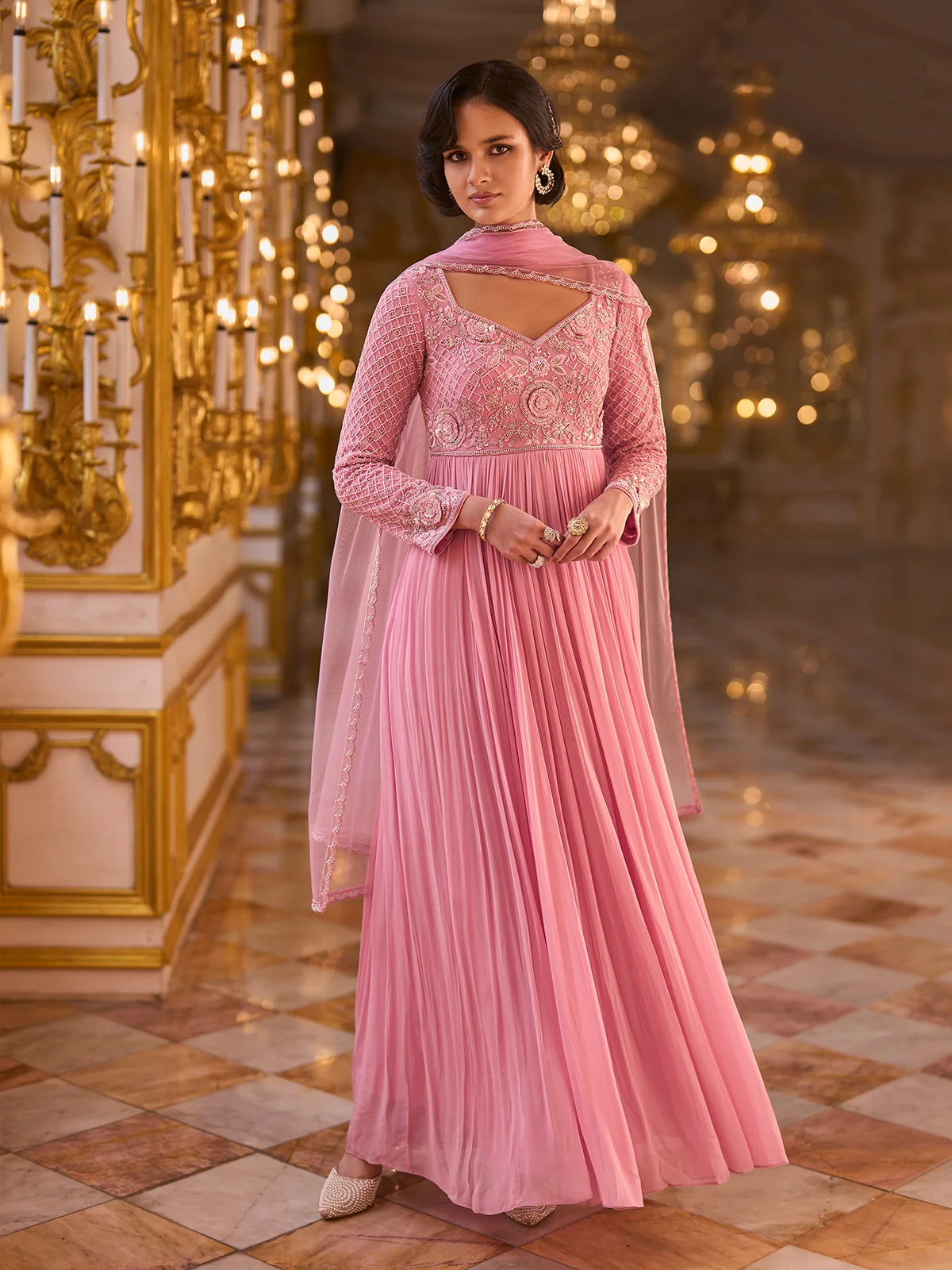 Light Pink Heavy Embroidered Georgette Anarkali Gown with Dupatta
