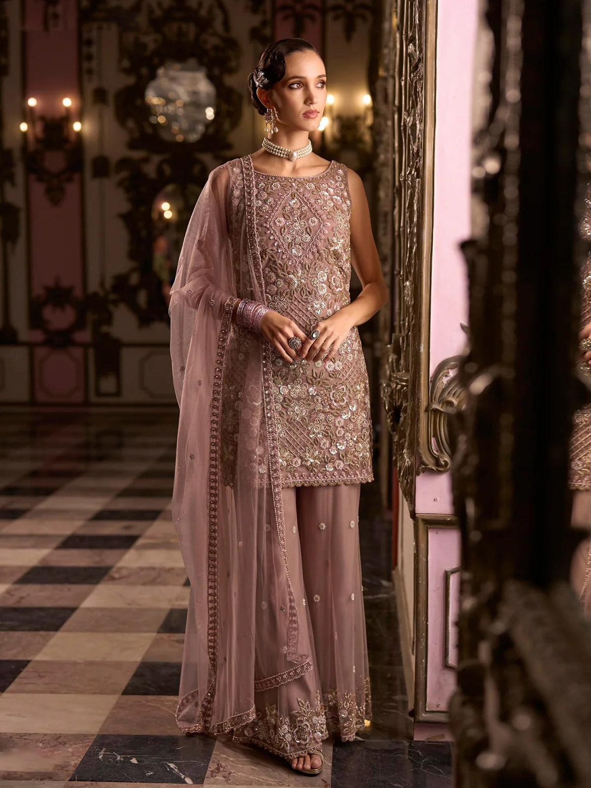 Mauve Heavy Embroidered Net Palazzo Suit Set with Dupatta