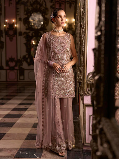Mauve Heavy Embroidered Net Palazzo Suit Set with Dupatta
